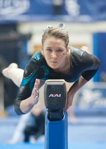BYU gymnast Ashley Follett competes on the beam.(Photo by Chris Bunker)