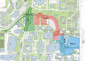 A map shows how each phase will affect the campus. Phase 1 is blue, Phase 2 is green, and Phase 3 is red.