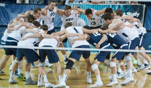 The BYU men's volleyball team goes through their pregame huddle before a game. The Cougars topped Anteaters and Tritons this weekend.