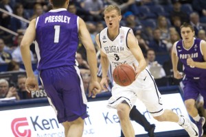 Tyler Haws brings the ball down the court during a game against Portland. Photo by Chris Bunker.