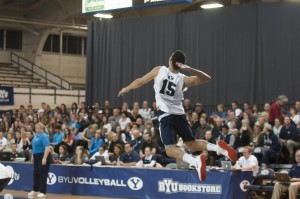 BYU's Taylor Sander serves it up in a game against Long Beach. Photo by Whitnie Soelberg.