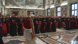 In this image taken from video as Pope Benedict XVI enters to deliver his final greetings to the assembly of cardinals at the Vatican Thursday Feb. 28, 2013, before he retires in just a few hours.  Benedict urged the cardinals to work in unity and promised his "unconditional reverence and obedience" to his successor in his final words to his cardinals Thursday in a poignant and powerful farewell before he becomes the first pope in 600 years to resign. (AP Photo/Vatican TV)