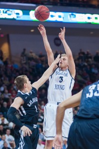 Tyler Haws shoots over San Diego's Johnny Dee during the WCC tournament. (Photo by Chris Bunker)