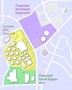The Missionary Training Center has proposed expansion to the south or northeast of the current MTC grounds. (Illustration by James Gardner)