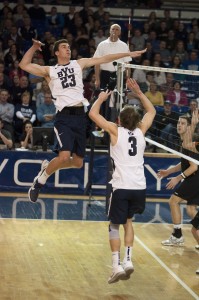 Ryan Boyce sets it up for middle blocker Michael Hatch at fridays game against Pacific. 2/22/13 Whitnie Soelberg