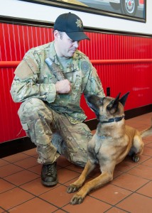 Sargent Matthew Higley introduces the newest member of their K-9 team, Meatball, at Firehouse Subs in Orem on Wednesday. (Photo by Chris Bunker)