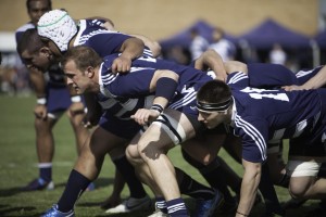 BYU sets up for a scrum against Utah State. The rugby team plays the Champions Challenge Saturday. (Photo by Elliott Miller)