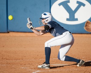 BYU's Carly Duckworth lays down a sacrifice bunt during  a game against Marist College at Gail Miller Field last season. Photo by Universe Photographer.