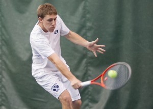 BYU's Patrick Kawka hits the ball during Saturday's match against New Mexico at the Indoor Tennis Courts.