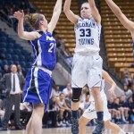 Haley Steed shoots a jump shot against Portland last Thursday in the Marriott Center. (Photo by Chris Bunker)