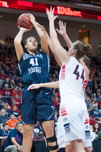 BYU forward Morgan Bailey shoots over a Gonzaga defender during a game in last year's WCC Conference.