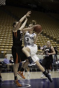 Ashley Garfield jumps for the lay up in Wednesday's WNIT game against Idaho State. (Photo by Elliott Miller)