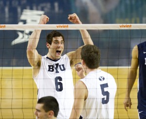 Josue Rivera and Rusty Lavaja celebrate a point in BYU's win over Cal Baptist. (Photo by Sarah Hill)