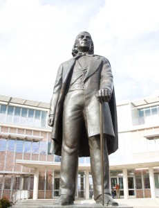 The statue of BYU’s founding father was unveiled  on Nov. 4, 1961 as a part of that year’s Homecoming celebration. Even then he was beardless. (Photo by Sarah Hill)