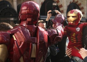 Rhys, 5 from Egham Surrey, dressed as mini-Iron Man meets his bigger counterpart on the red carpet ahead of the UK premiere of Iron Man 3, at a central London cinema, Thursday, April 18, 2013. (Photo by Joel Ryan/Invision/AP)
