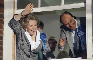  In this June 12, 1987 file photo, British Prime Minister Margaret Thatcher waves to supporters from Conservative Party headquarters in London after claiming victory in Britain's general election