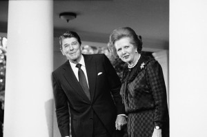 In this June 23, 1982 file photo, President Ronald Reagan and British Prime Minister Margaret Thatcher speak to reporters at the White House in Washington.