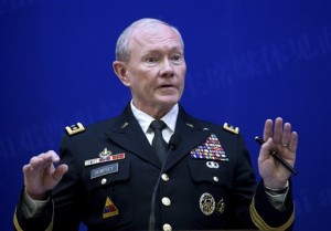 U.S. Joint Chiefs Chairman Gen. Martin Dempsey speaks during a press briefing with Chinese counterpart Gen. Fang Fenghui at the Bayi Building in Beijing, China Monday, April 22. 2013. (AP Photo/Andy Wong, Pool)