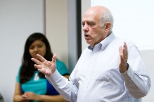 Warner Woodworth, professor of Microfinance, adressed students at the first meeting of the BYU Microfinance Club. (photo by Sarah Hill)