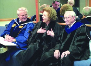 President Merrill J. Bateman and President Gordon B. Hinckley sit with Margrett Thacher before Mrs. Thacher receives an honorary doctorate. 