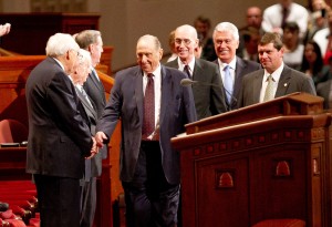 The First Presidency enters the conference center for the Saturday afternoon session of the 183rd General Conference.