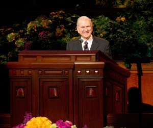 Elder Russell M. Nelson speaks during the Saturday afternoon session of the 183rd General Conference, advising young men and women to apply to college before serving missions.