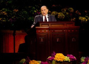 President Monson speaks at the Saturday Morning session of the 183rd General Conference. (Photo by Sarah Hill)