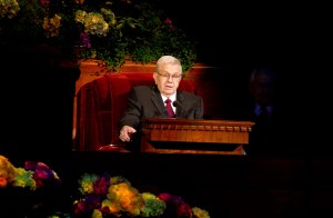 President Boyd K. Packer speaks at the Saturday morning session of the 183rd General Conference. (Photo by Sarah Hill)