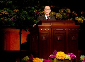 Elder Henry B. Eyring speaks at the Saturday morning session of the 183rd General Conference. (Photo by Sarah Hill)