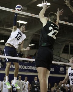 Taylor Sander jumps for a spike. Saturday's playoff game against University of Hawaii.