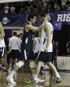 Jaylen Reyes and Josue Rivera pump each other up between points. Saturday's playoff game against University of Hawaii. (Photo by Elliott Miller)