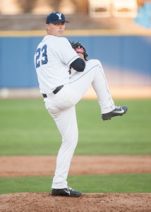 BYU pitcher Mark Anderson throws a pitch during Tuesday's game against UVU at Miller Park. (Photo by Chris Bunker)
