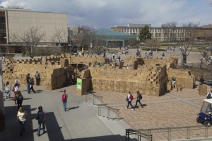 The cardboard castle was built and painted by students Friday. (photo by Mike Henderson)