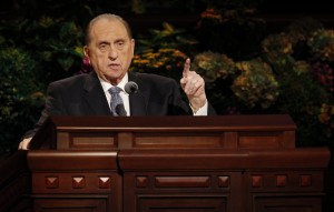 President Thomas S. Monson speaks at the Sunday afternoon at the conclusion of general conference, 7 April 2013. (Photo courtesy LDS Church)