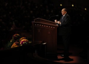 President Thomas S. Monson speaks at the Sunday morning session of general conference, 7 April 2013. (Photo courtesy LDS Church)