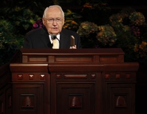 Elder L. Tom Perry of the Quorum of the Twelve Apostles speaks at the Sunday morning session of general conference, 7 April 2013. (Photo courtesy LDS Church)