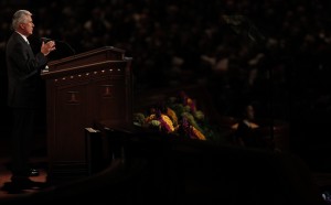 President Dieter F. Uchtdorf Second Counselor in the First Presidency speaks at the Sunday morning session of general conference, 7 April 2013. (Photo courtesy LDS Church)