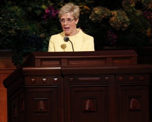 Sister Rosemary Wixom Primary General President speaks at the Sunday morning session of general conference, 7 April 2013. (Photo courtesy LDS Church)