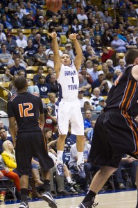 Raul Delgado shoots from the 3-point arc against Findlay this season. (Photo by Sarah Hill)