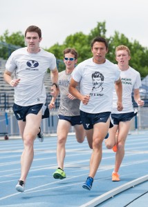 Members of the BYU track team work out doing interval training. (Photo by Chris Bunker)