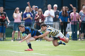Jonny Linehan scores his first half try as Cal’s Andrew Battaglia attempts to make the tackle from behind on May 4, 2013.
