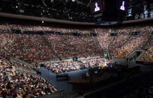 Women listen to Elaine S. Marshall speak in the Marriott Center at the opening session of Women's Conference on Thursday, May 2, 2013.