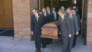 Pallbearers carry the casket of Frances J. Monson out of the Salt Lake Tabernacle following the funeral service. Graveside services were held at the Salt Lake City Cemetery. (Photo courtesy Mormon Newsroom)