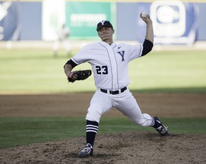 Mark Anderson pitches in Tuesday's home game against the University of Utah. (Photo by Elliott Miller)
