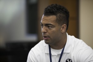 Linebacker Kyle Van Noy, 2013 All-American Candidate, talks with reporters about his last year for the Cougars. Photo by Elliott Miller