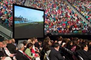 Mission Presidents, their wives and other Church Members attend a worldwide leadership training meeting. The LDS Church announced at the meeting that missionaries will be using social media and church tours as part of their proselytizing efforts. (Photo courtesy Mormon Newsroom)