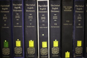 The Henry B. Lee Library includes comprehensive dictionaries with multiple editions.  [Photo by Elliott Miller]
