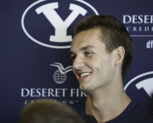 Kyle Collinsworth speaks with the media after returning home from his mission to Russia. Photo by Elliott Miller