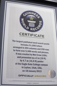 Mel Crow was recently awarded with the Guinness World Record for the largest word search puzzle.