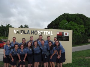 Left to right, top row: Emily Plowman, Rachel Jardine, Kiley Richmond, Jannette Perry, Angela Walter, Michelle Smith, April McMurray. Bottom row: Casey Bunker, Brittany Miller, Anna Jones, Sarah Falk, Courtney Davies, Erica LArson, Mallory Lutes. This is the hospital on Tongatapu where we did much of our clinical work. (Photo courtesy Debbie Edmunds)